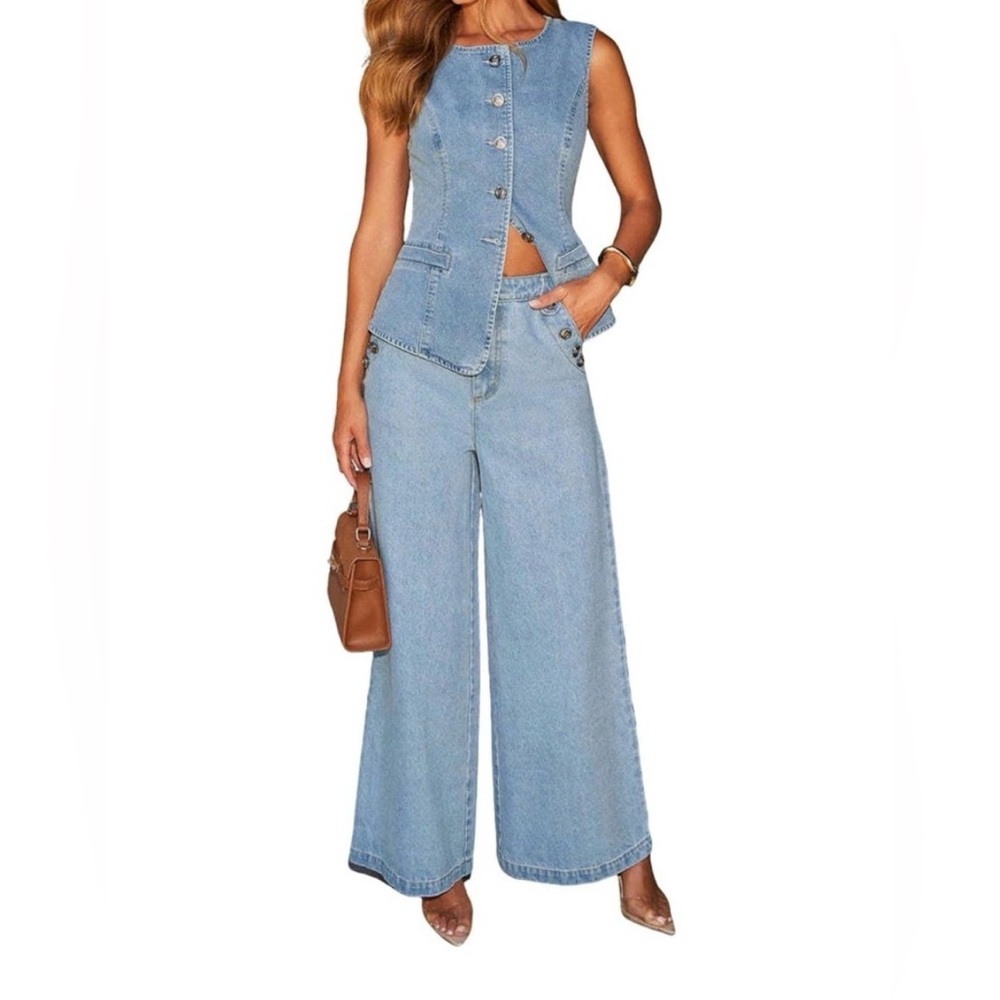 Light Blue Denim Wide-Leg Pantsuit - Womens Two-Piece Set